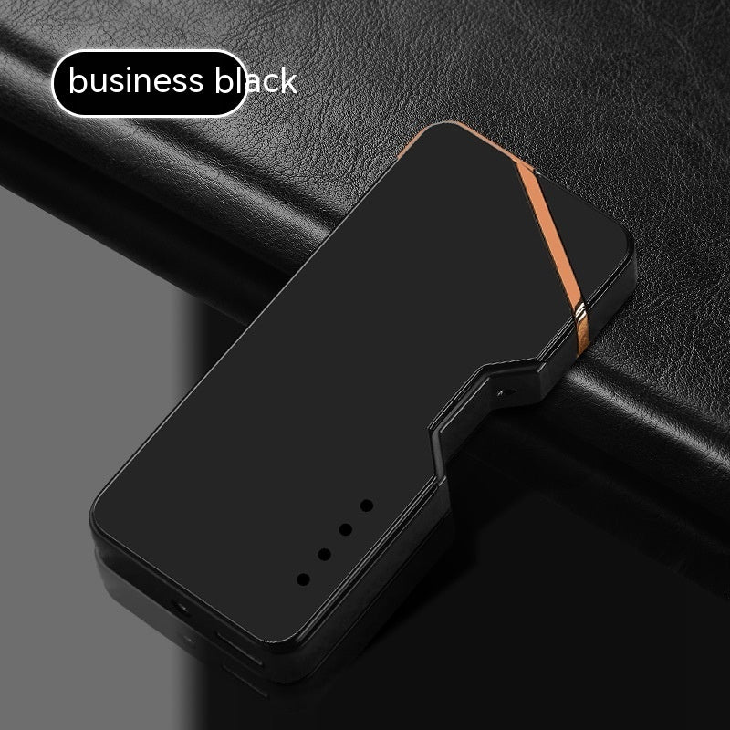 Metal double-arc lighter, business black finish with orange trim and open top