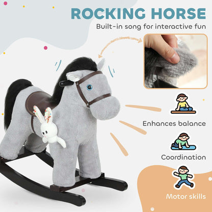 Gray plush rocking horse with rabbit accessory and hand on top, black rocker base