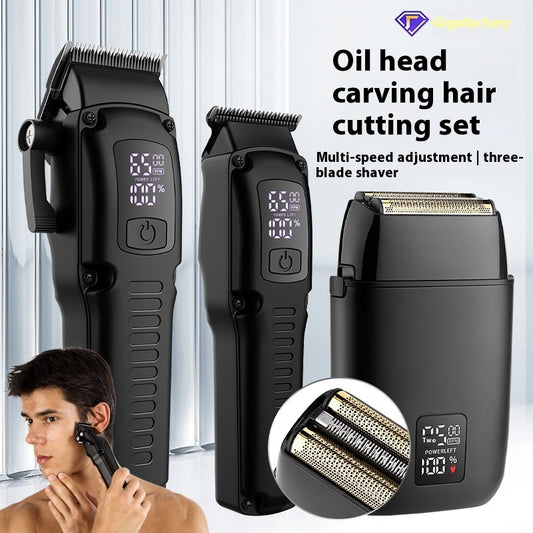 Hair cutting set with multiple attachments and digital display on a white background.