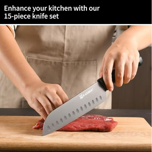 Person using a knife to cut meat on a wooden cutting board with a promotional text about a 15-piece knife set.