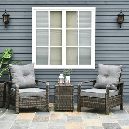 Two gray cushioned wicker chairs and a matching table in a 3-piece set
