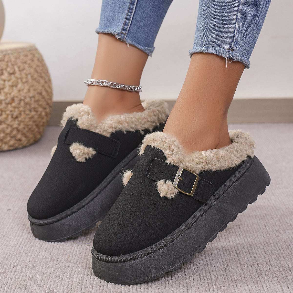 Fashion Thick-soled Plush Buckle Slippers – Warm Winter Shoes Fashion Thick-soled Plush Buckle Cotton | Ectron Online