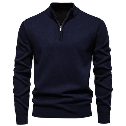 Men's knit half-zip sweater, navy blue with zip-neck placket and ribbed cuffs