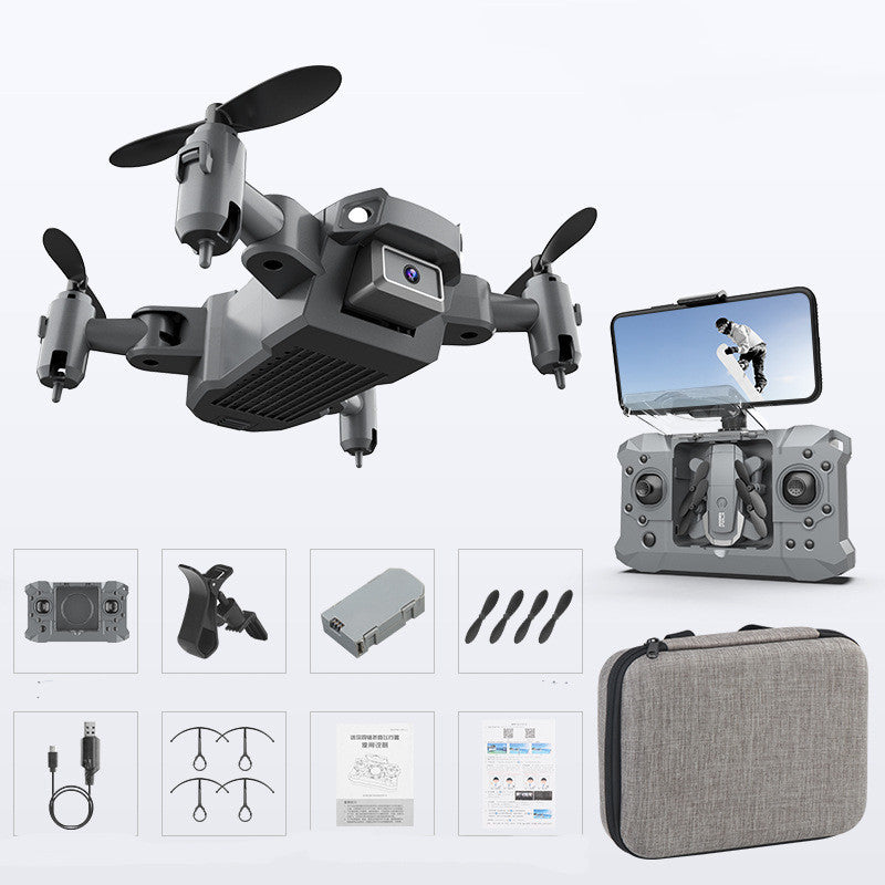 Gray mini drone with four propellers, controller with phone screen, and gray carrying pouch