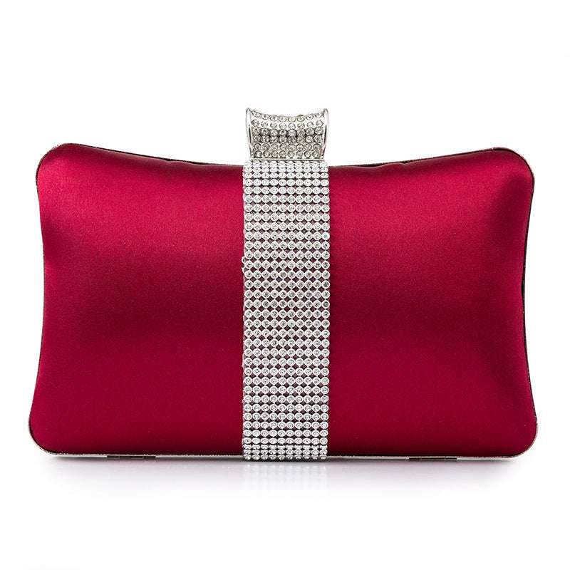 Wine red satin banquet clutch with rhinestone strap and top clasp