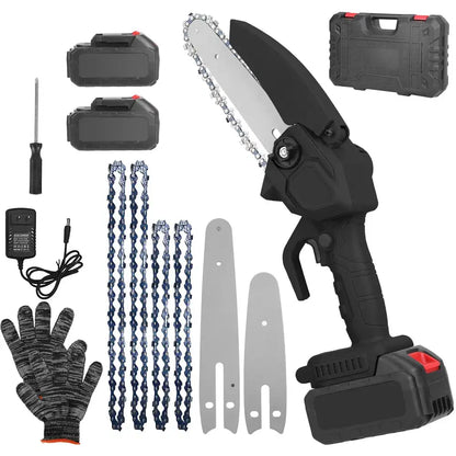 Black cordless mini electric chainsaw kit with chain set, guide bars, gloves, charger, case