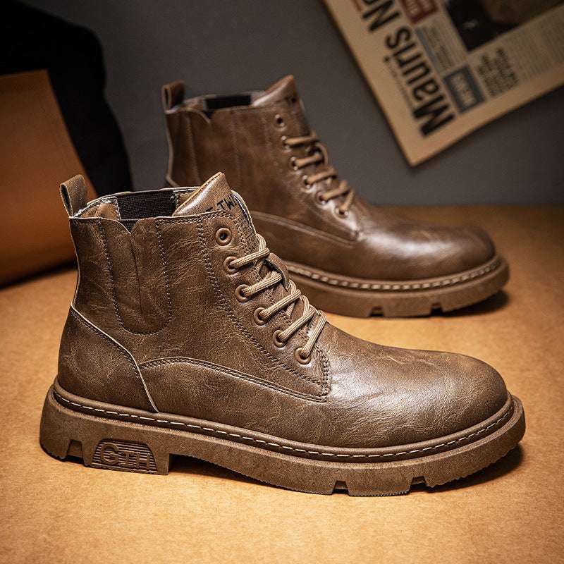 Tan leather ankle boots, lace-up with side pull tab and rugged chunky sole