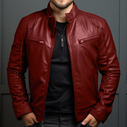 Men's Stand Collar Motorcycle Leather Jacket