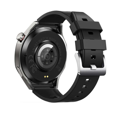 Black smartwatch with black strap and round rear camera module