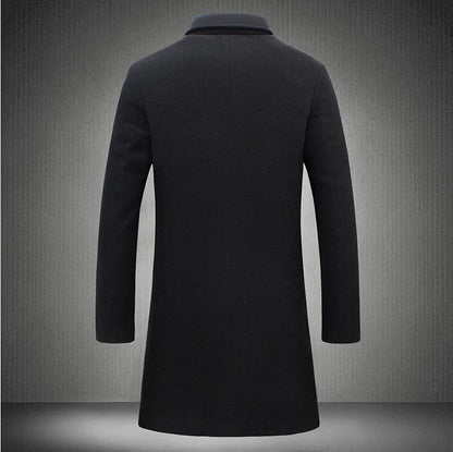 Mid-length trench coat back view with long sleeves and rounded collar, dark color.