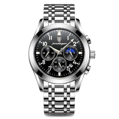 Men's tech watch with black dial, subdials, and silver metal bracelet
