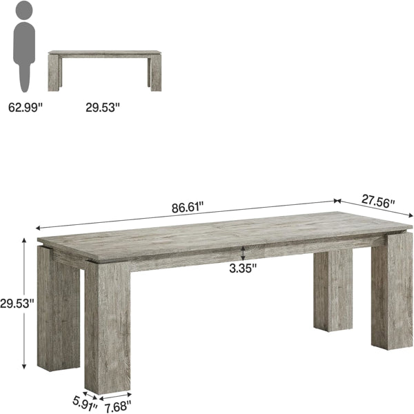 Rectangular gray wood dining table with four thick legs, with dimension lines shown