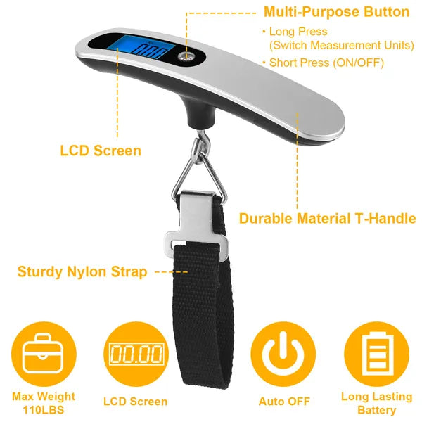 Handheld digital luggage scale with LCD screen, nylon strap, and T-handle
