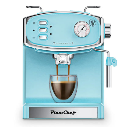 20 bar espresso machine with milk frother, light blue front panel and chrome grips