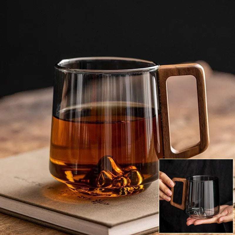 Glass Drinking Cup with Wooden Handle & Lid - 14oz