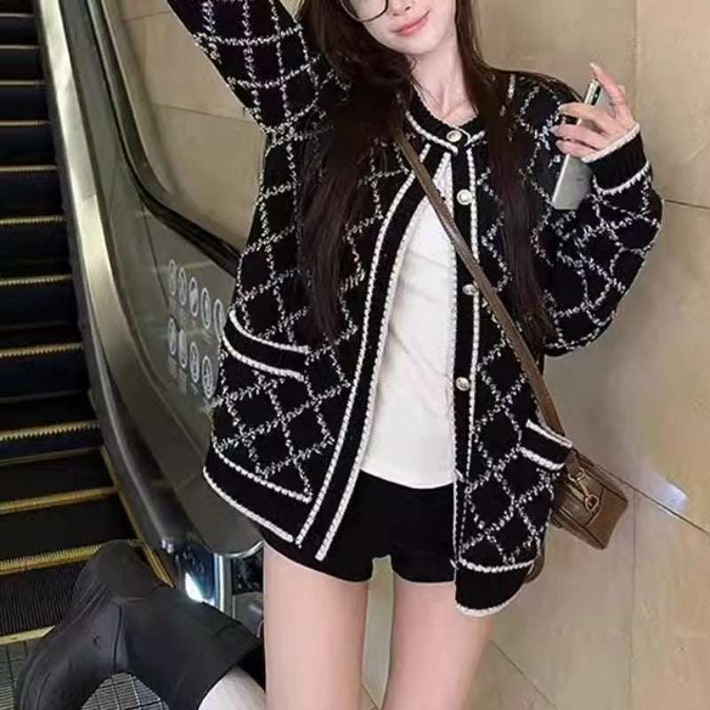 Rhombus Sweater Coat Women's Mid-length Gray Knitted Cardigan