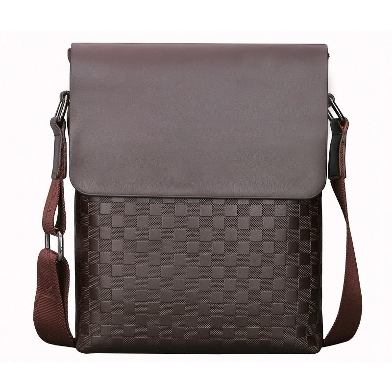 Brown crossbody messenger bag with top flap and checkered front panel