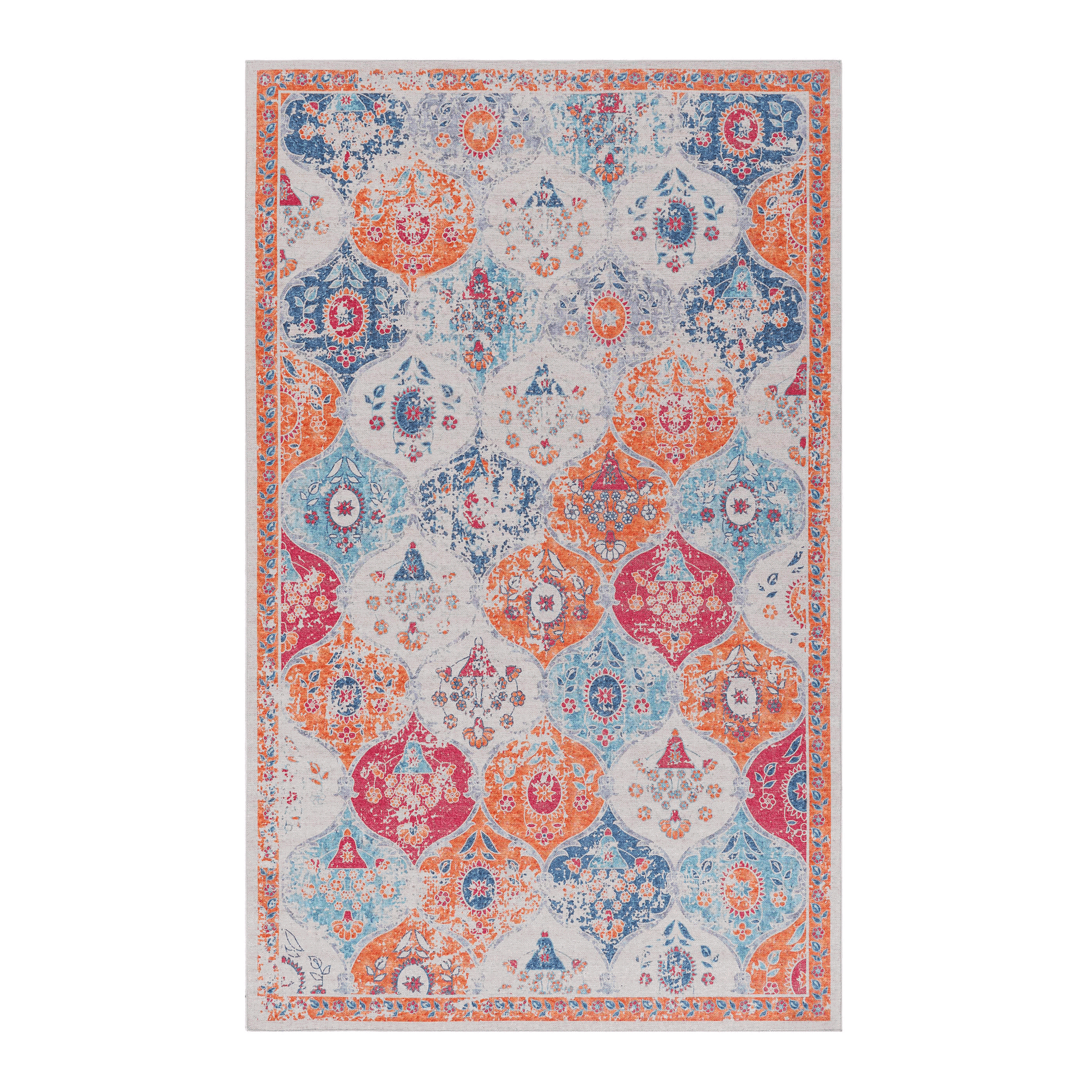 Multicolor area rug with cream background and ornate blue and orange medallion motifs