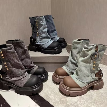 Women's Shoes Denim Metal Buckle Ankle Boots Round Head Thick Bottom Casual