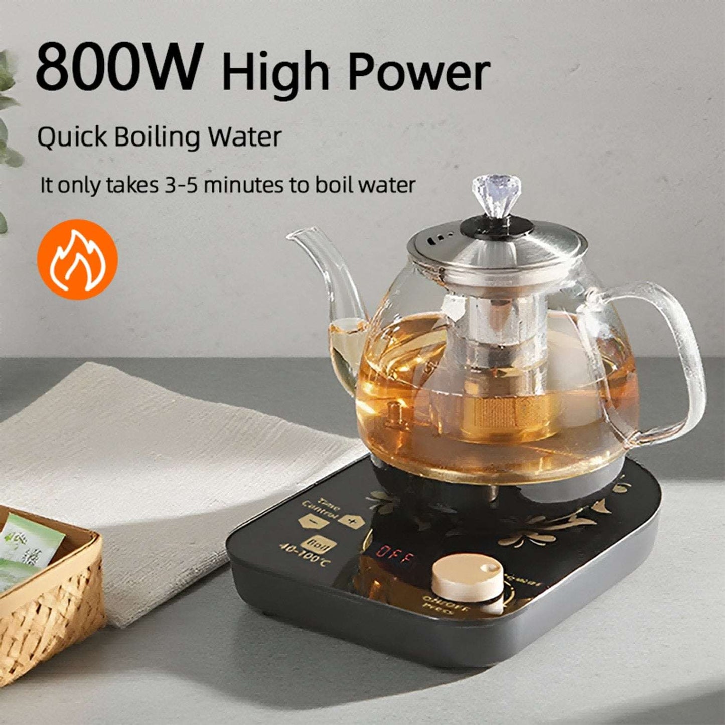 Glass teapot on a hot plate with text about high power and quick boiling time.