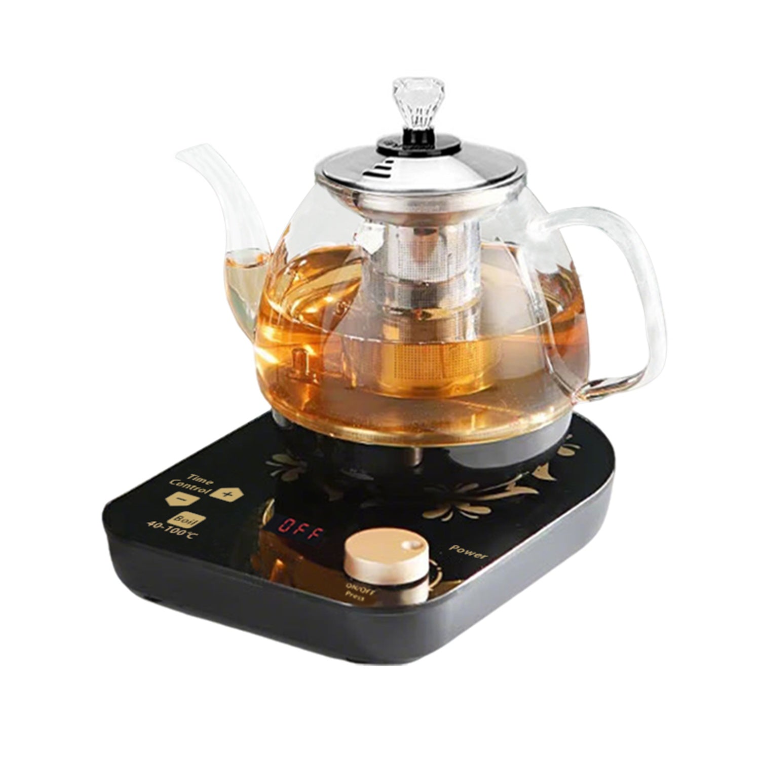 Glass teapot with a clear liquid on an electric tea warmer base