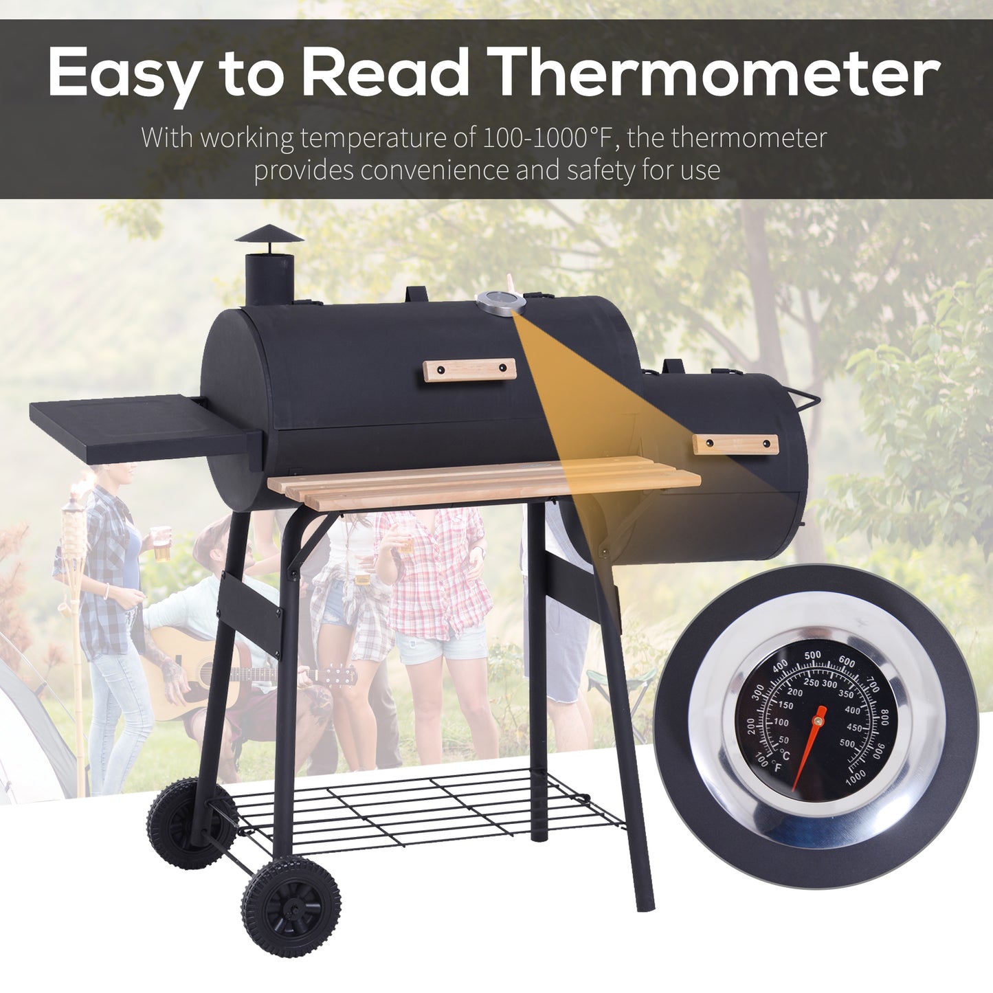 Portable Charcoal BBQ Grill with Wheels & Shelves - Outdoor Cooking