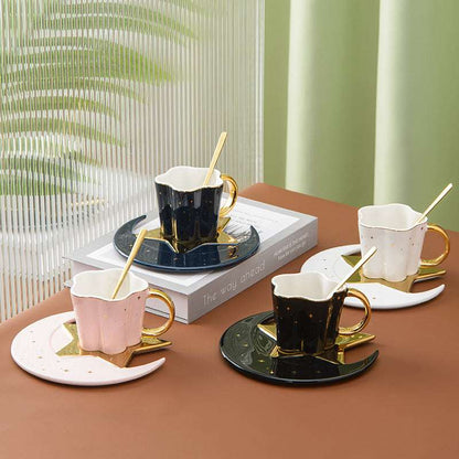 Creative Ceramic Cup with Star and Moon Saucer - Celestial Gold Trim Coffee Set Creative Ceramic Cup With Star And Moon | Ectron Online
