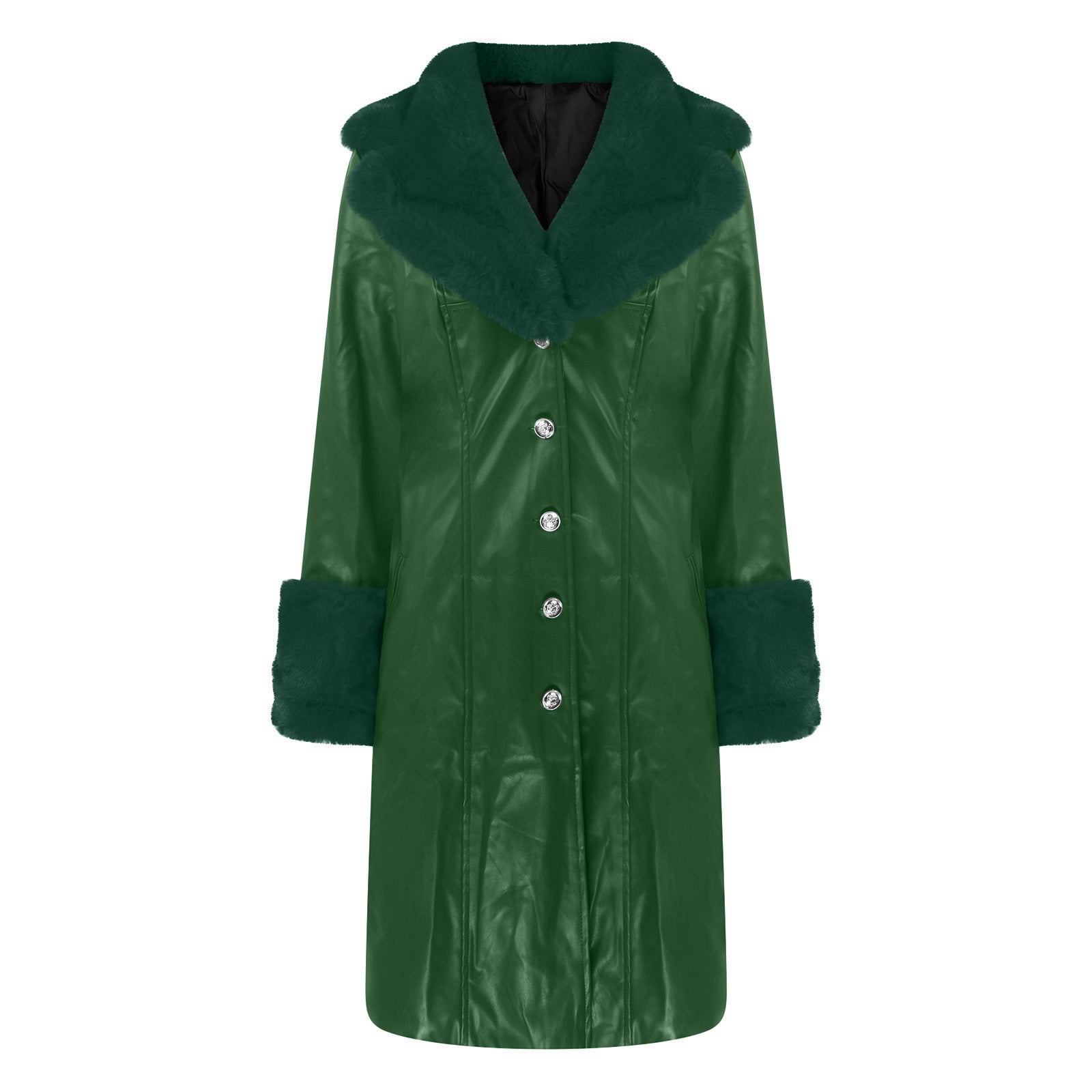 Long PU leather coat in green with darker green faux fur collar and sleeve cuffs