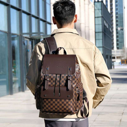 Brown and dark checkered office backpack with flap and adjustable side straps