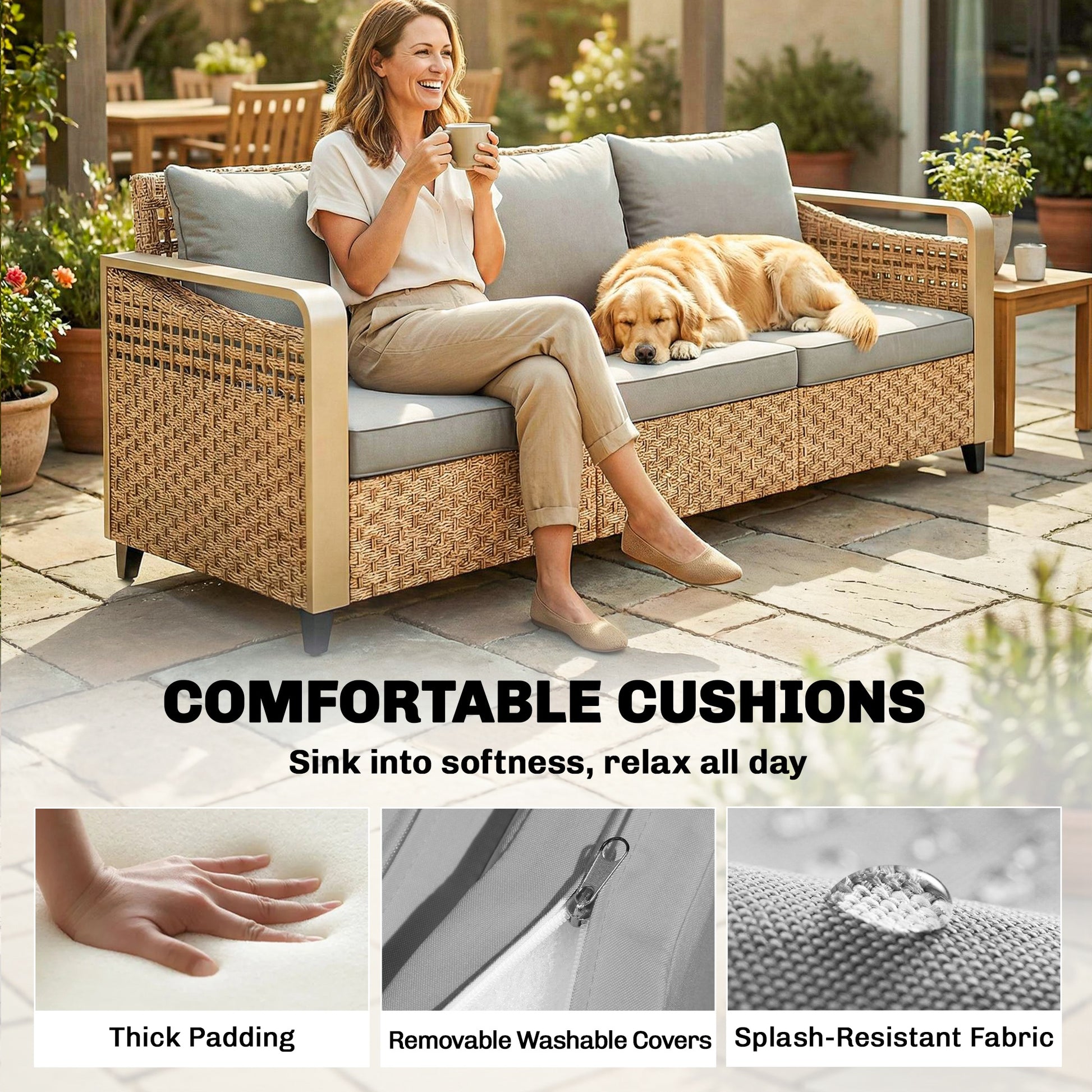 3-seat rattan outdoor sofa with gray cushions, with dog resting on seat