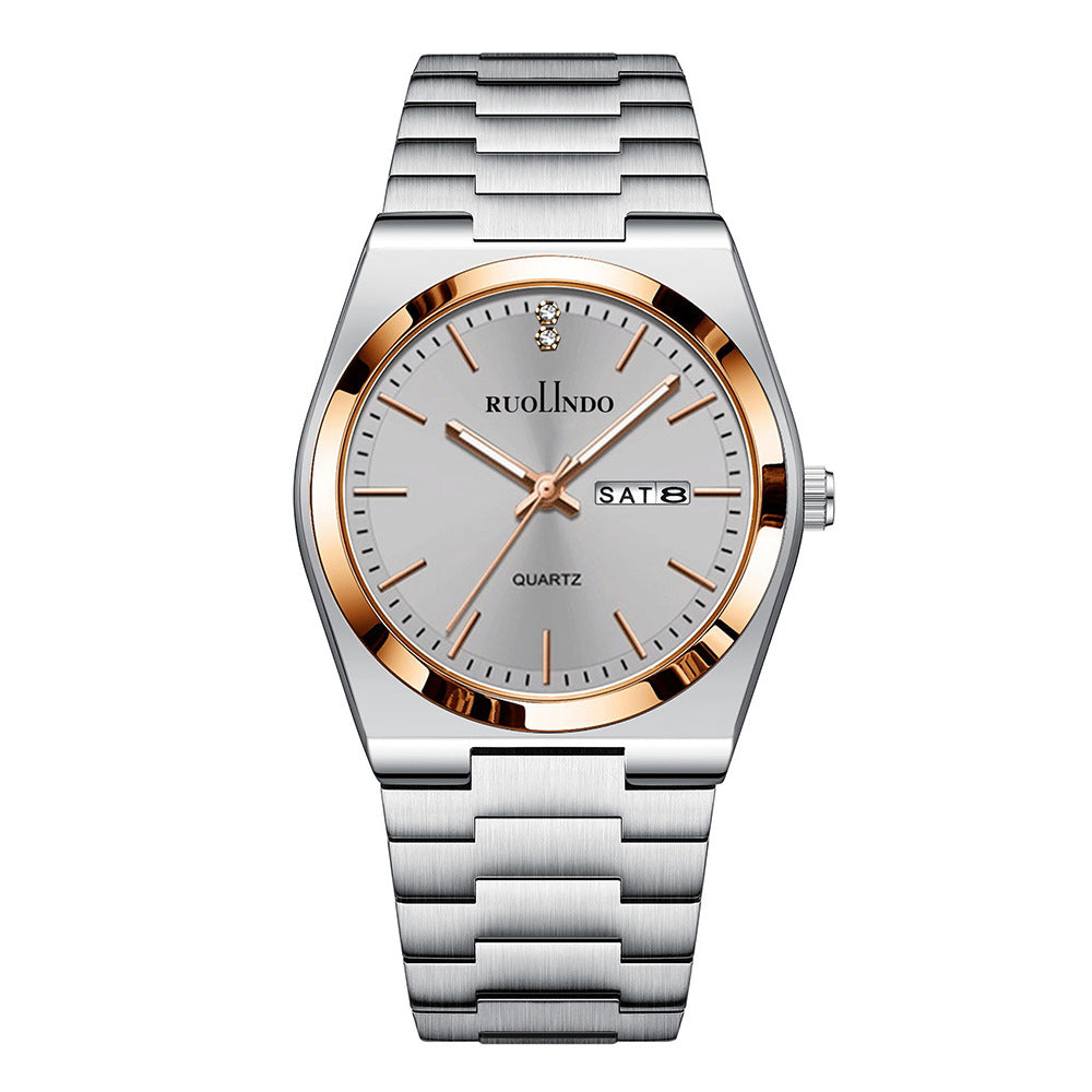 Stainless steel men's luminous watch with white dial, rose-gold bezel and metal bracelet