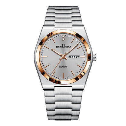 Stainless steel men's luminous watch with white dial, rose-gold bezel and metal bracelet