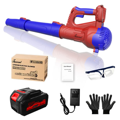 Cordless leaf blower kit, red and blue handheld blower with battery, charger, gloves