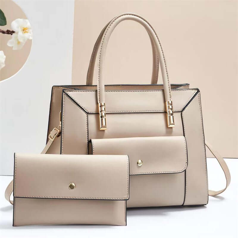 Beige tote bag set with top handles and matching mini crossbody bag