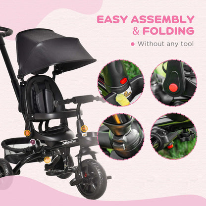 Kids 3-wheel tricycle stroller with black canopy and four chunky wheels.