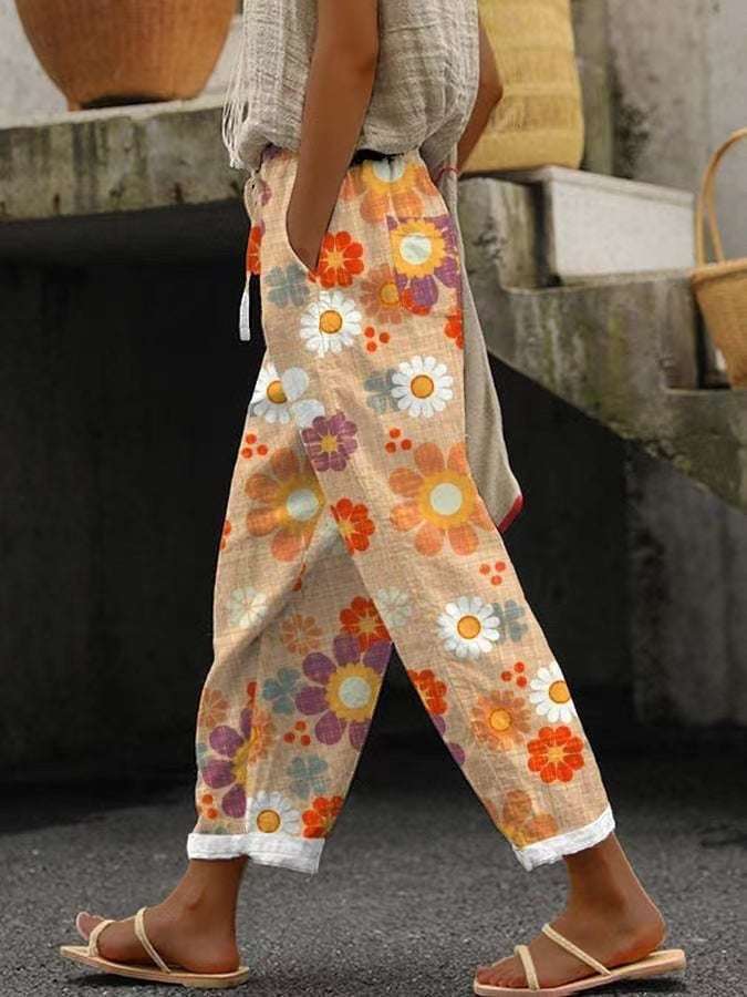 Pocket Casual Printed Elastic Waist Cropped Straight Pants Pocket Casual Printed Elastic Waist Crop | Ectron Online