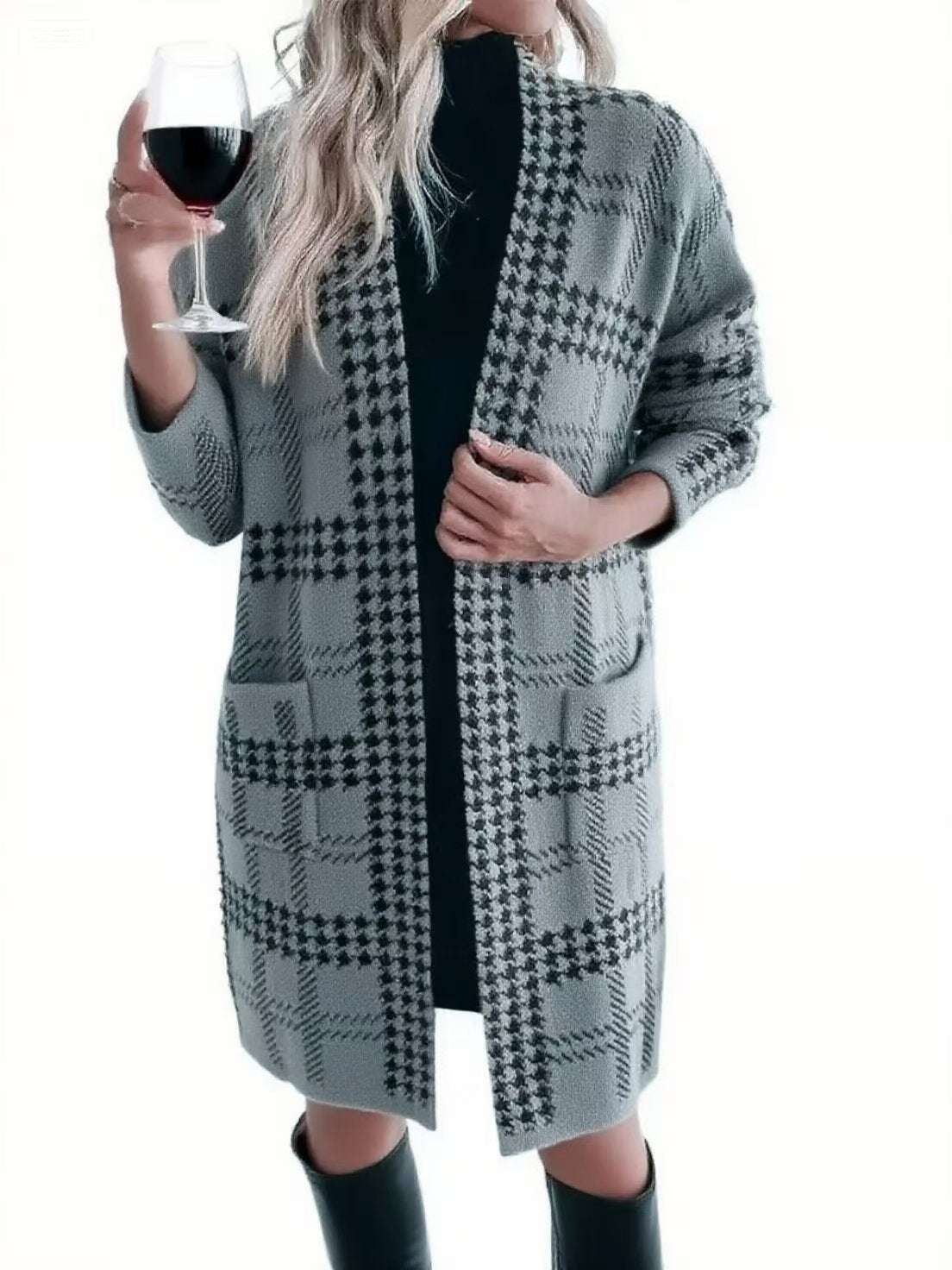 Women's Houndstooth Knitted Long Jacket - Elegant Coat Women's Houndstooth Knitted Long Knitted | Ectron Online