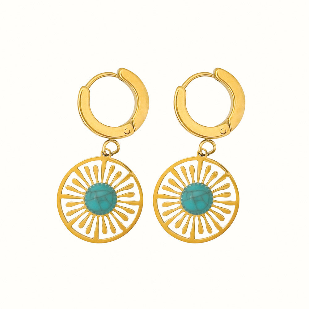 Geometric Round Hollow Earrings Turquoise French Retro