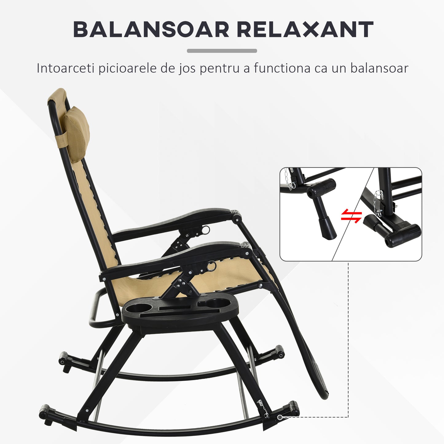 Foldable Zero Gravity Rocking Chair with Cup Holder & Pillow - Beige