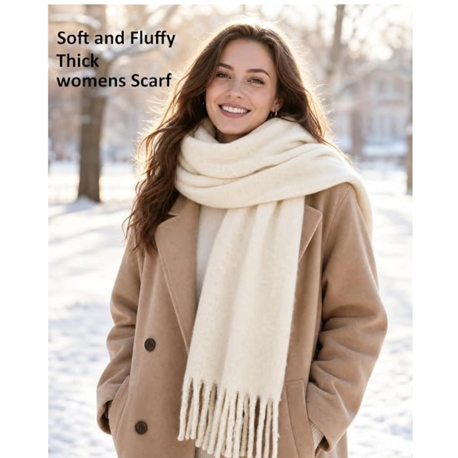 Women’s thick blanket scarf in off-white with long straight fringe ends