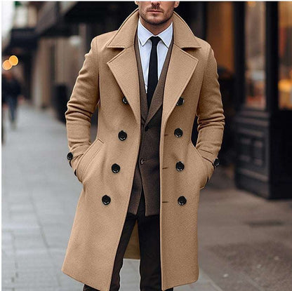Men's long double-breasted wool coat, tan, buttoned front with notch lapels