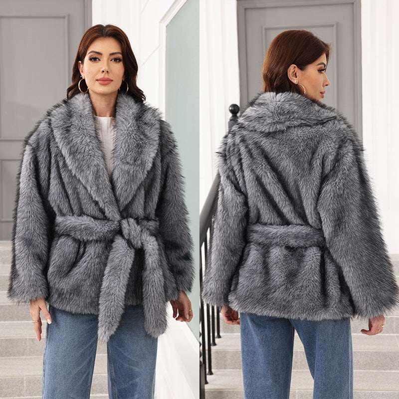 Fashionable Mid-Length Fur Coat - Elegant - belted Style Fur Mid-length Coat With Belt Fashionabl | Ectron Online
