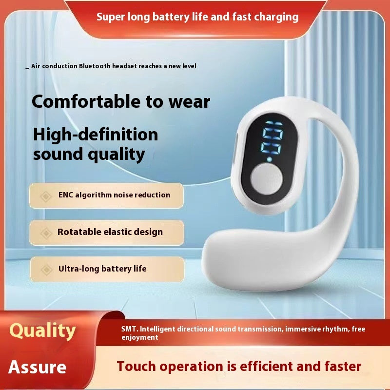 White non-in-ear wireless headset with blue LED display and flexible loop