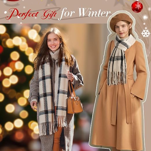 Plaid blanket shawl scarf with fringe, beige and dark check pattern