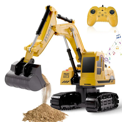 Yellow alloy RC excavator toy with front bucket in view and black rubber tracks.