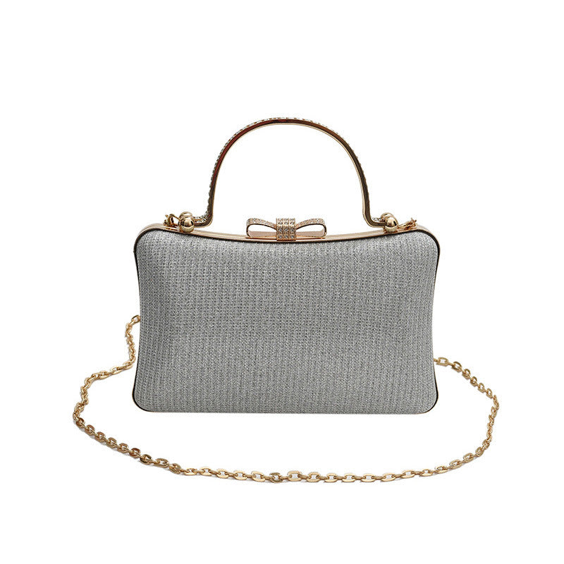 Glitter shoulder messenger bag, light gray with gold top clasp and chain strap
