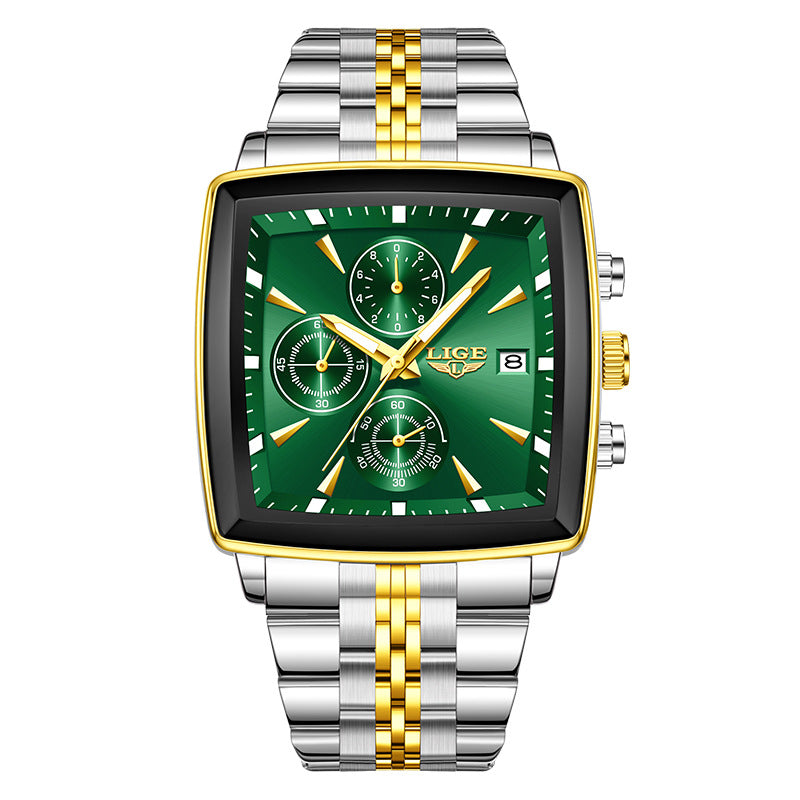 Square dial wristwatch with green face and two-tone metal link bracelet