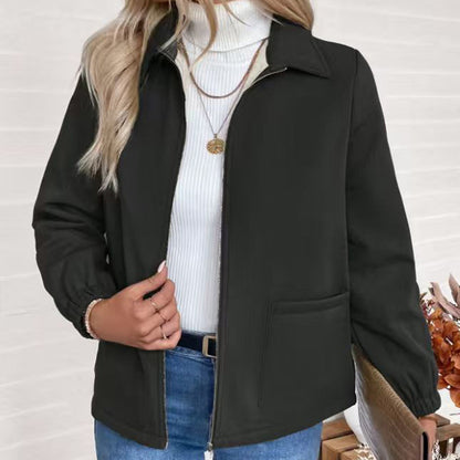Women’s Fleece Zip-Up Jacket | Warm Lapel Collar Winter Coat Women's Solid Color Fleece Jacket, Lapel | Ectron Online
