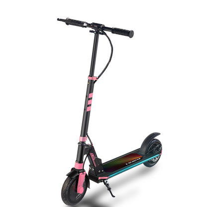 Pink and black electric kids scooter, side view with front wheel and glowing deck