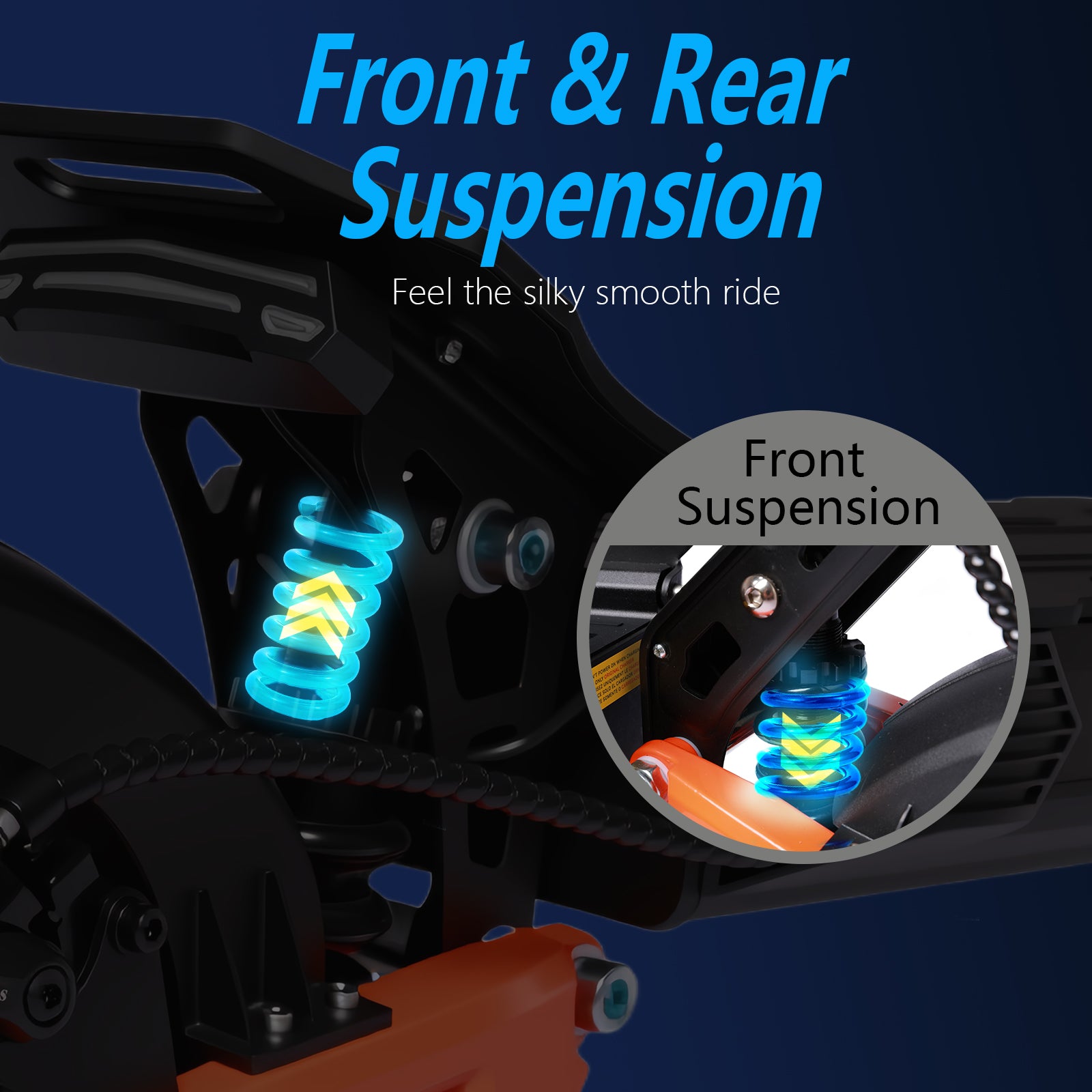 Electric scooter front and rear suspension area with visible coil springs and orange frame